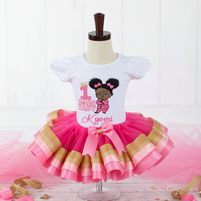 Boss Baby Black Girl Tutu Set Girls Personalized Custom Pink Gold Ribbon Sewn Trim Tutu Outfit Dress Theme Cake Smash Birthday Party