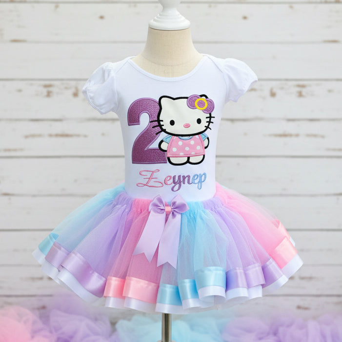 Hello Kitty Polka Dot Dress Tutu Set Girls Personalized Custom Pink Purple Blue Ribbon Sewn Trim Tutu Outfit Dress Theme Cake Smash Birthday Party