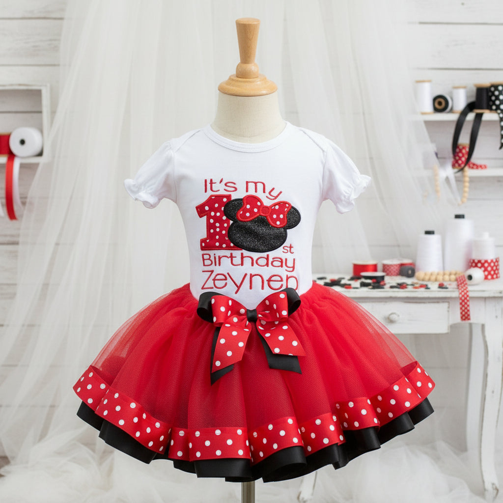 Minnie Mouse Red It's My Birthday Tutu Set Girls Personalized Custom Red Black Polka Dot Ribbon Sewn Trim Tutu Outfit Dress Theme Cake Smash Birthday Party