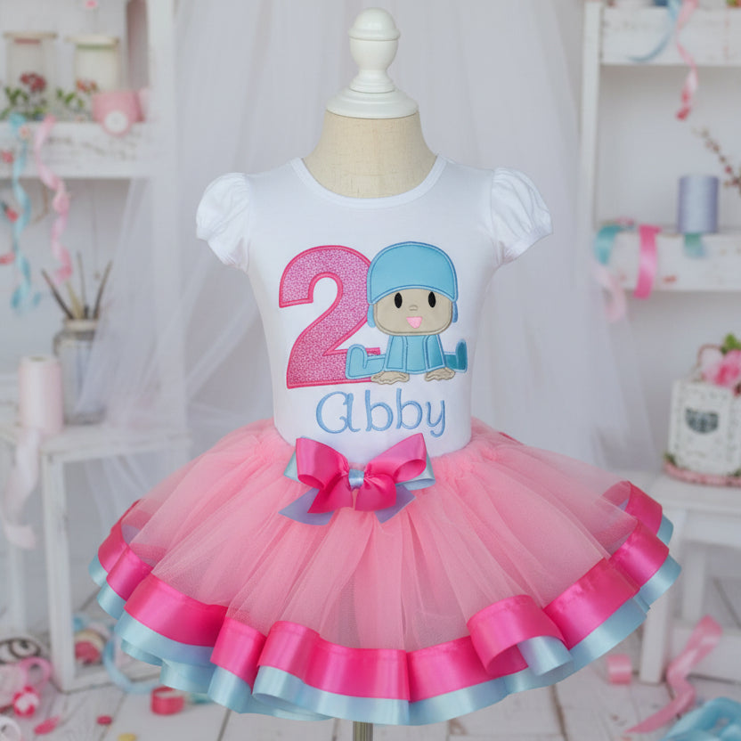 Pocoyo Tutu Set Girls Personalized Custom Pink Blue Ribbon Sewn Trim Tutu Outfit Dress Theme Cake Smash Birthday Party