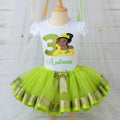 Princess Tiana Thinking Tutu Set Girls Personalized Custom Green Glitter Ribbon Sewn Trim Tutu Outfit Dress Theme Cake Smash Birthday Party