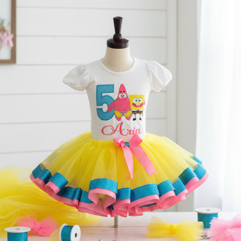 SpongeBob and Patrick Tutu Set Girls Personalized Custom Pink Blue Yellow Ribbon Sewn Trim Tutu Outfit Dress Theme Cake Smash Birthday Party