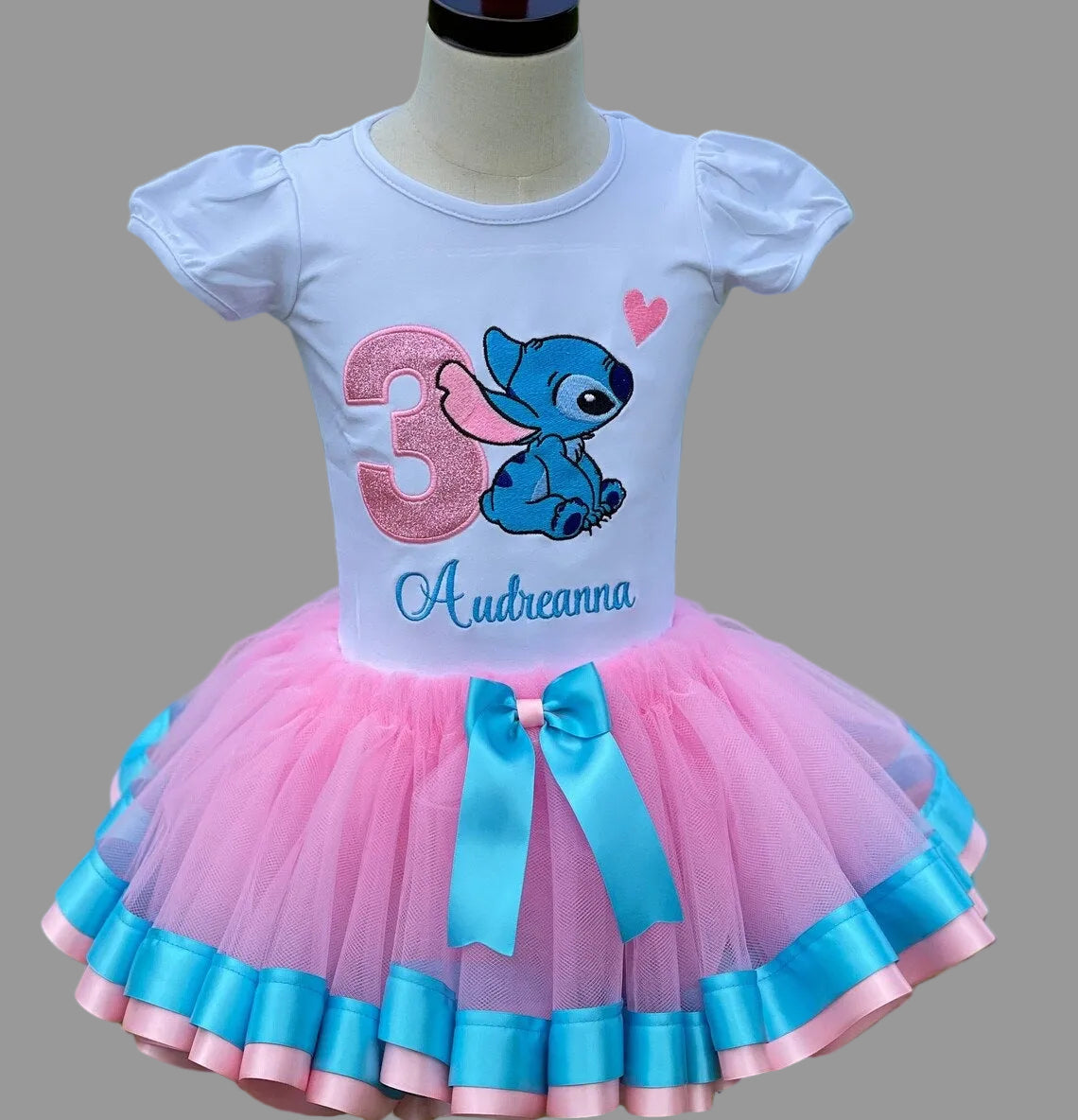 Stitch Sitting Tutu Set Girls Personalized Custom Pink Blue Ribbon Sewn Trim Tutu Outfit Dress Theme Cake Smash Birthday Party