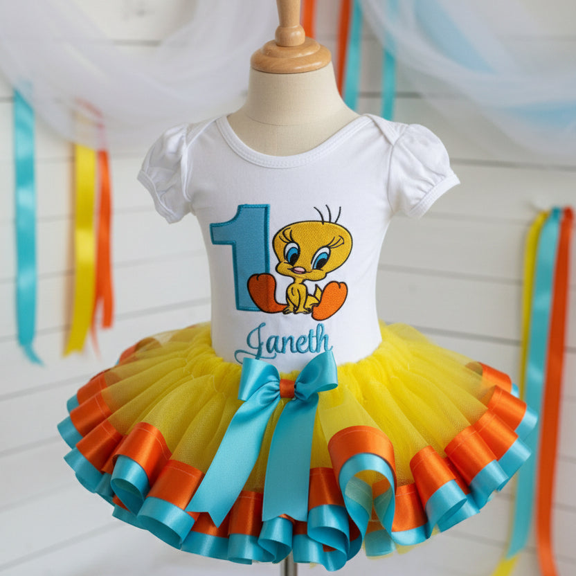 Looney Tunes Tweety Bird Tutu Set Girls Personalized Custom Yellow Orange Blue Ribbon Sewn Trim Tutu Outfit Dress Theme Cake Smash Birthday Party
