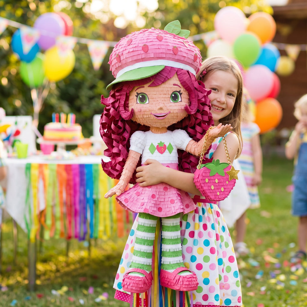 Premium Handmade 30-Inch Strawberry Shortcake Character Pull-String Piñata Table Decor Party Centerpiece