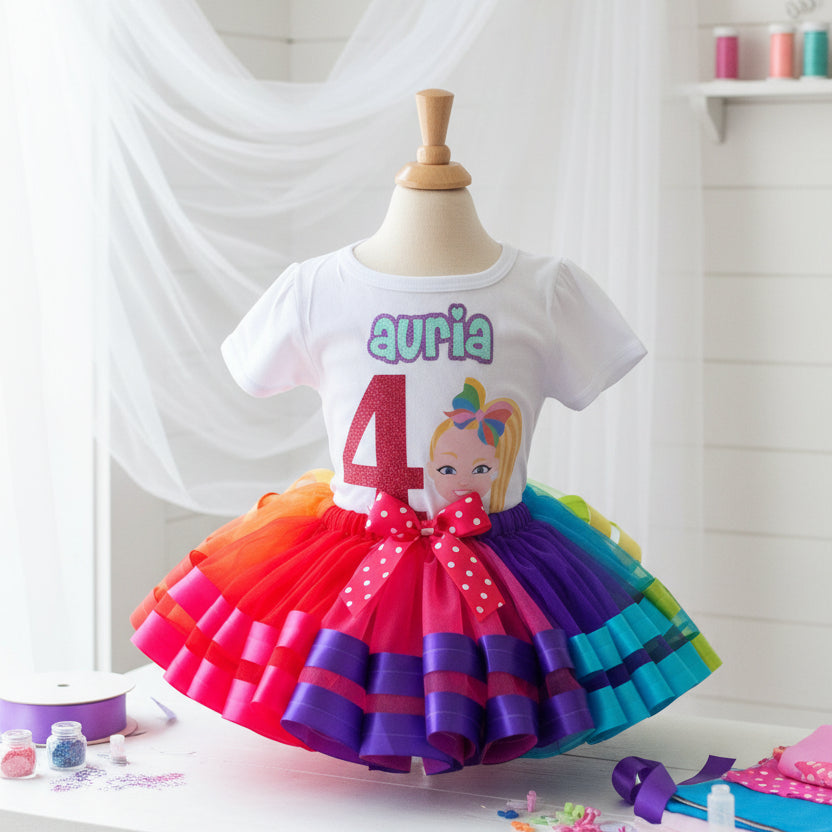 Cartoon Jojo Siwa Face Tutu Set Girls Personalized Custom Rainbow Ribbon Sewn Trim Tutu Outfit Dress Theme Cake Smash Birthday Party