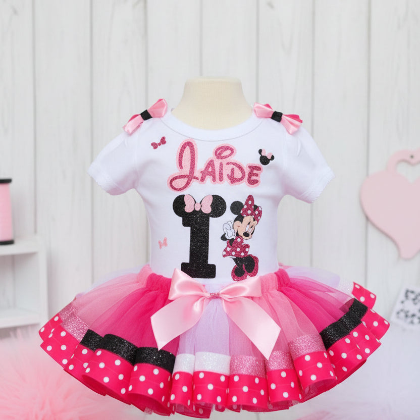 Minnie Mouse Tutu Set Girls Personalized Custom Pink White Black Glitter Ribbon Sewn Trim Tutu Outfit Dress Theme Cake Smash Birthday Party