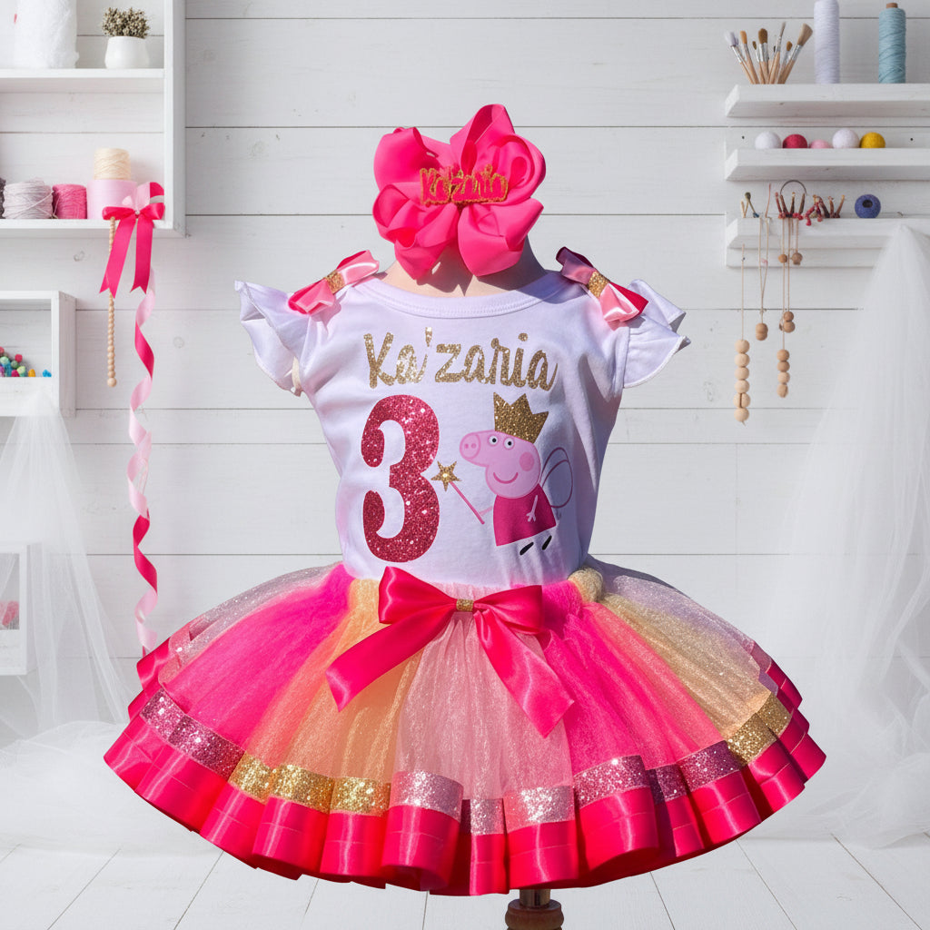 Peppa Pig Fairy Tutu Set Girls Personalized Custom Pink Gold Glitter Ribbon Sewn Trim Tutu Outfit Dress Theme Cake Smash Birthday Party