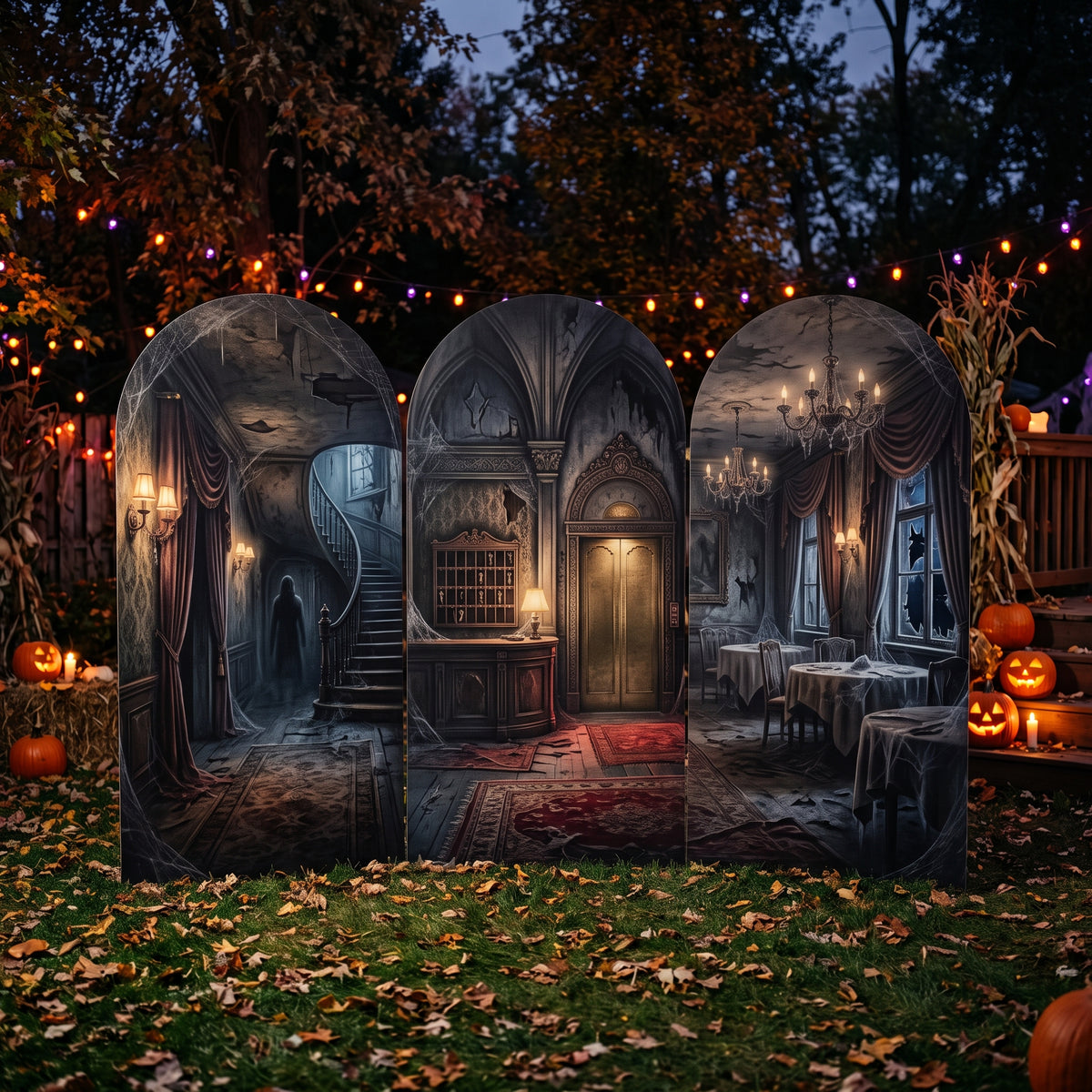 7.2ft Haunted Hotel Theme Halloween Arch Fabric Backdrop Cover - Multi-Panel Event Backdrop Decor Prop