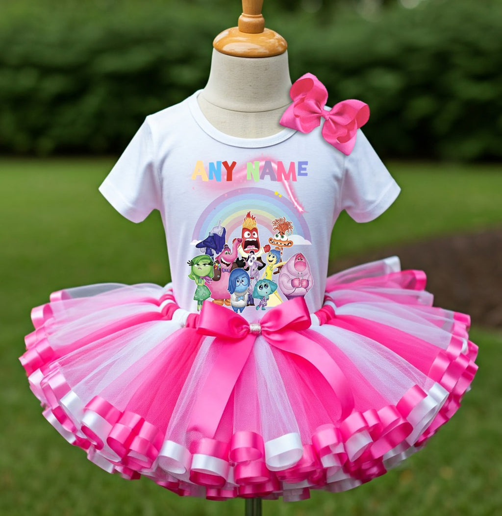Inside Out Tutu Set Girls Personalized Custom Hot Pink White Pink Ribbon Sewn Trim Tutu Outfit Dress Theme Cake Smash Party