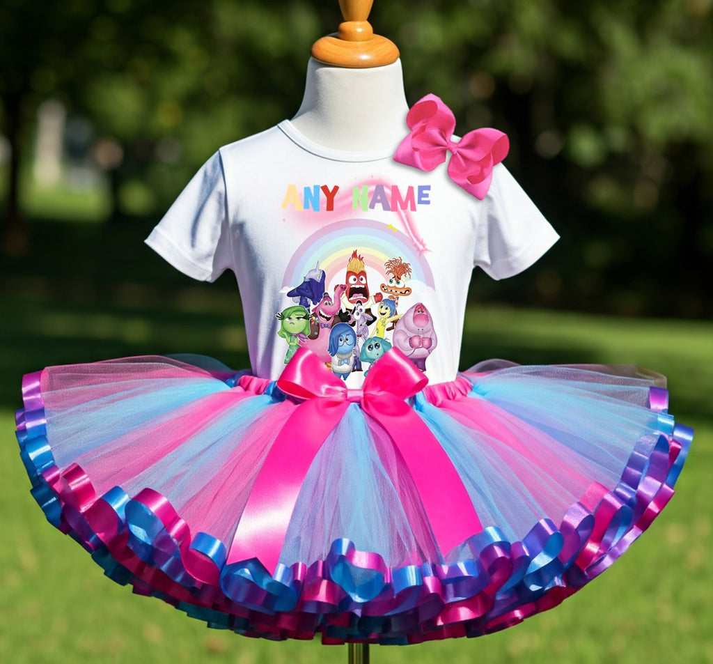 Inside Out Tutu Set Girls Personalized Custom Hot Pink Blue Purple Ribbon Sewn Trim Tutu Outfit Dress Theme Cake Smash Party