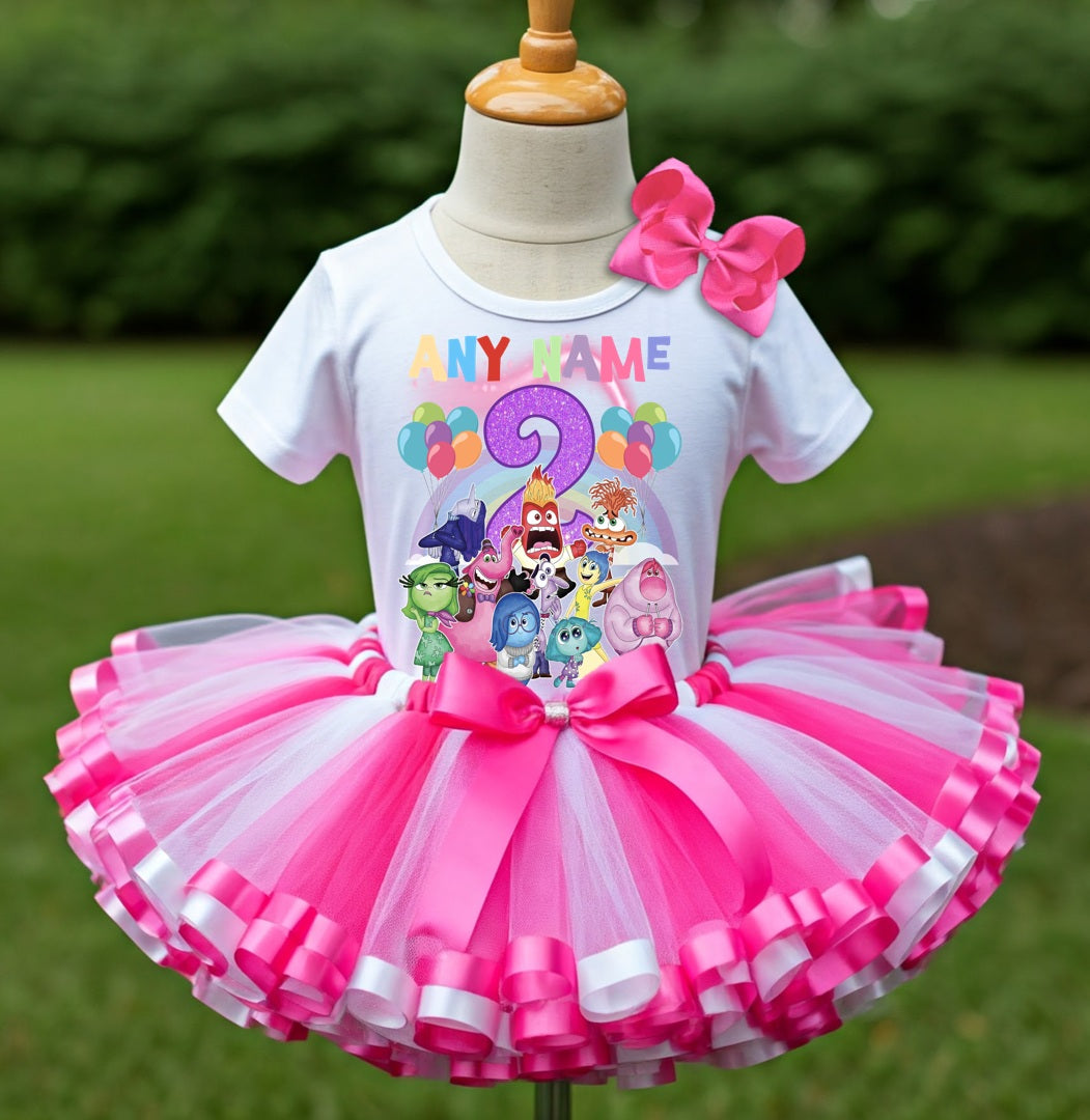 Inside Out Tutu Set Girls Personalized Custom Hot Pink White Pink Ribbon Sewn Trim Tutu Outfit Dress Theme Cake Smash Birthday Party