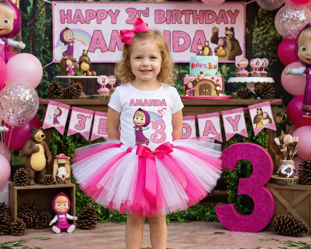 Masha Tutu Set Girls Personalized Custom Hot Pink White Pink Tutu Outfit Dress Theme Cake Smash Birthday Party