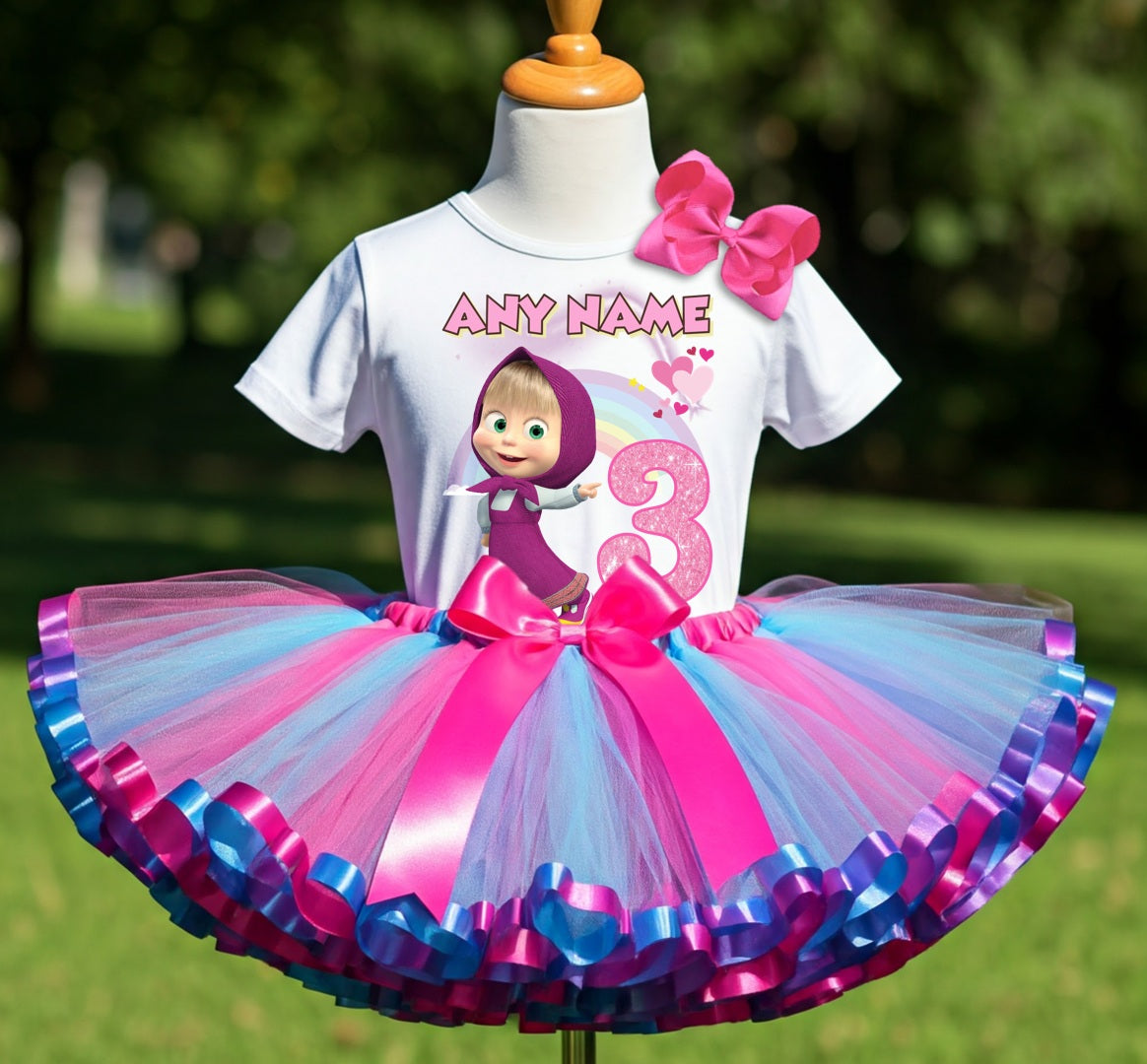 Masha Tutu Set Girls Personalized Custom Hot Pink Blue Purple Ribbon Sewn Trim Tutu Outfit Dress Theme Cake Smash Birthday Party