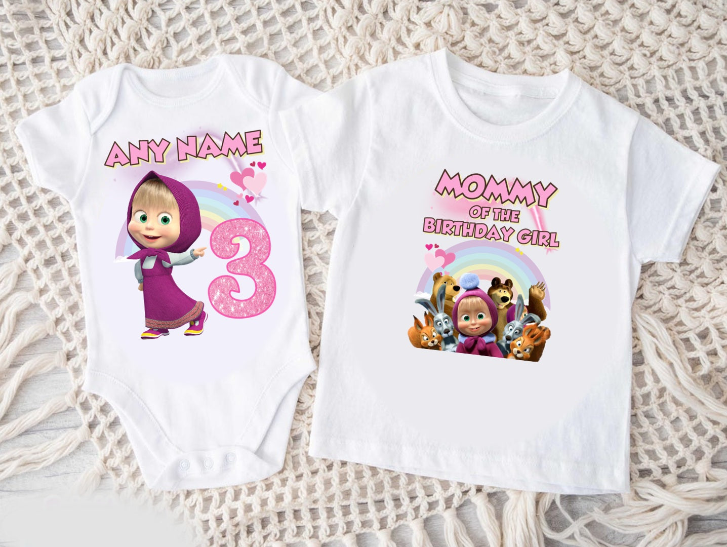 Masha Personalized Custom White Family T-Shirt or Onesie Pack Theme Cake Smash Birthday Party