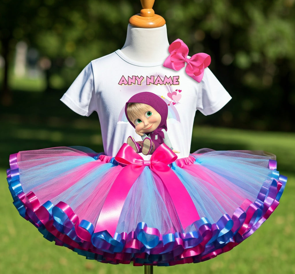 Masha Tutu Set Girls Personalized Custom Hot Pink Blue Purple Ribbon Sewn Trim Tutu Outfit Dress Theme Cake Smash Party