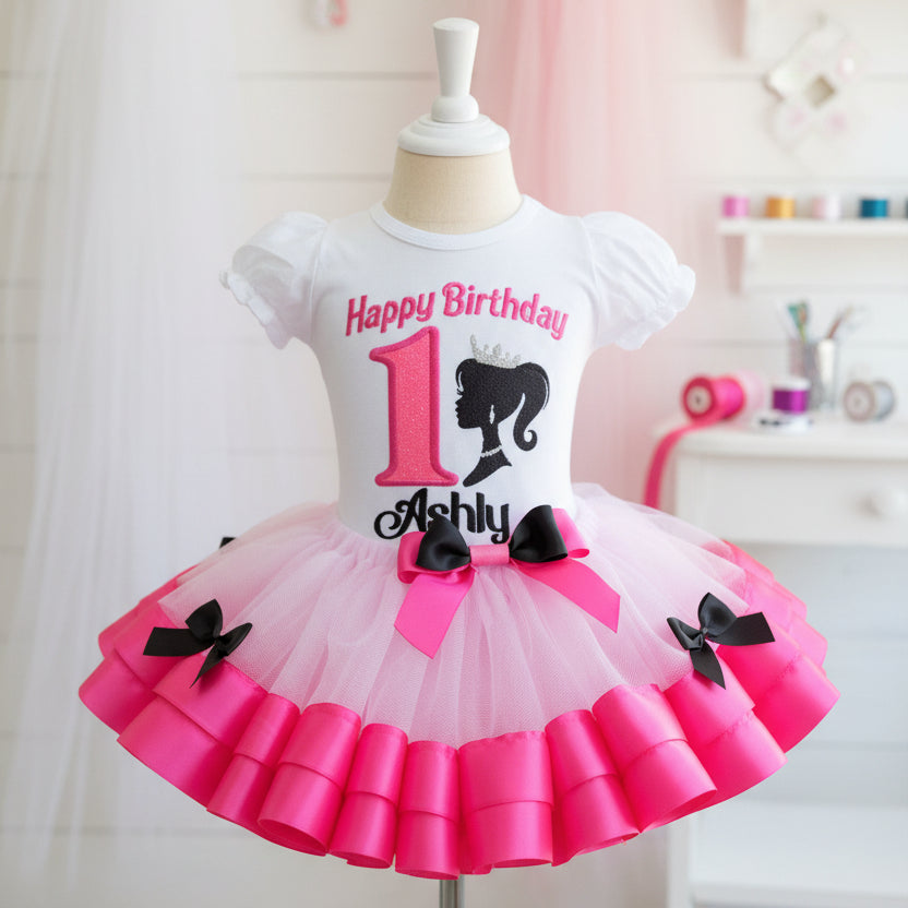 Barbie Face Silhouette Tutu Set Girls Personalized Custom Pink Hot Pink Ribbon Sewn Trim Tutu Outfit Dress Theme Cake Smash Birthday Party