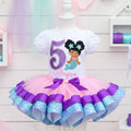 Cute Black Afro Mermaid Girl Tutu Set Girls Personalized Custom Pink Purple Blue Ribbon Sewn Trim Tutu Outfit Dress Theme Cake Smash Birthday Party