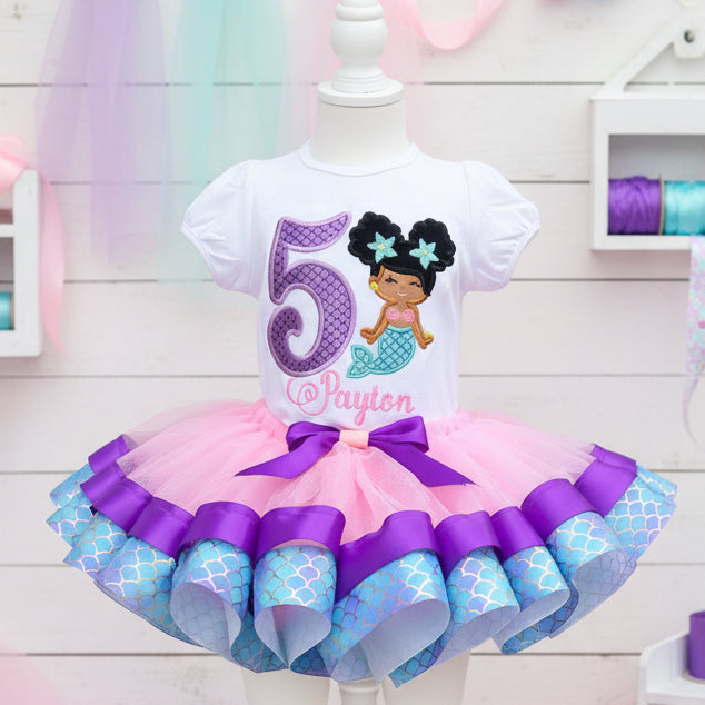 Cute Black Afro Mermaid Girl Tutu Set Girls Personalized Custom Pink Purple Blue Ribbon Sewn Trim Tutu Outfit Dress Theme Cake Smash Birthday Party