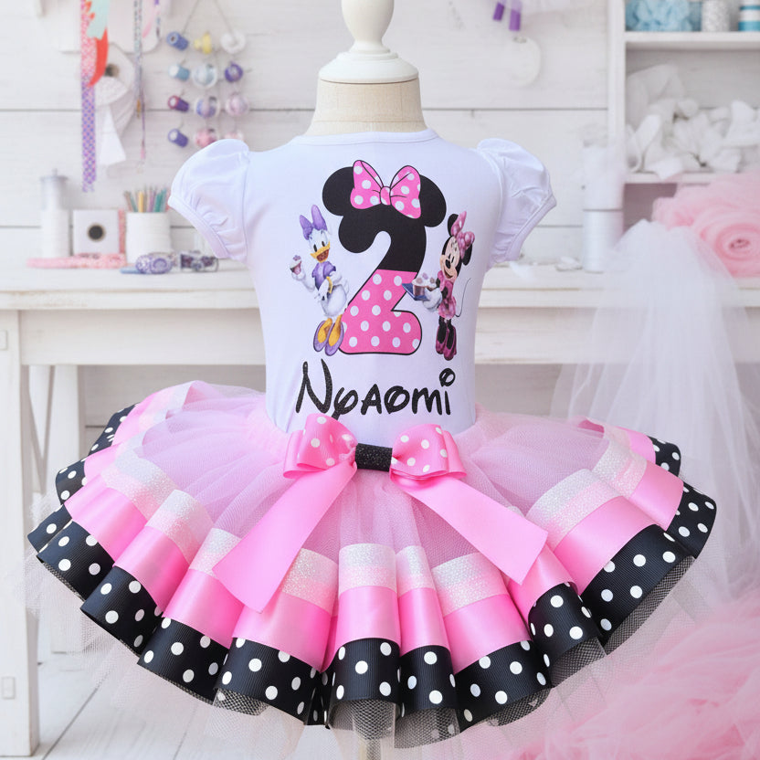 Minnie Mouse Daisy Duck Tutu Set Girls Personalized Custom Pink Black Ribbon Sewn Trim Tutu Outfit Dress Theme Cake Smash Birthday Party