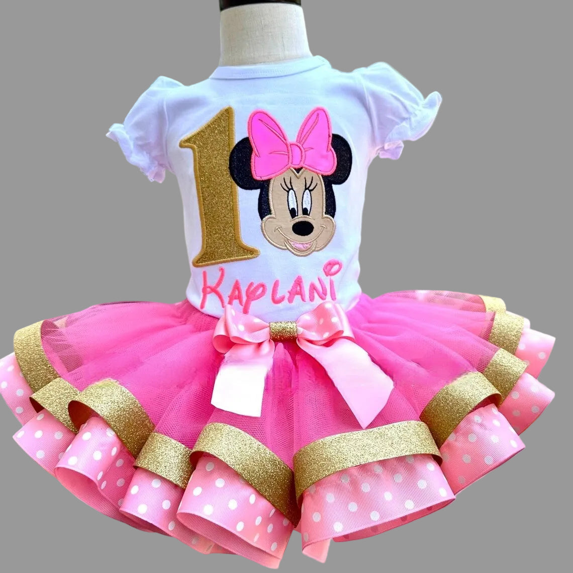 Minnie Mouse Face Pink Bow Tutu Set Girls Personalized Custom Pink Polka Dot Gold Ribbon Sewn Trim Tutu Outfit Dress Theme Cake Smash Birthday Party