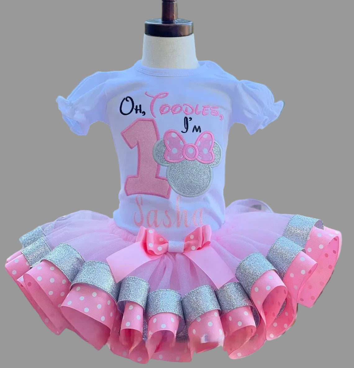 Minnie Mouse Ears Silver Bow Toodles Tutu Set Girls Personalized Custom Silver Pink Polka Dot Ribbon Sewn Trim Tutu Outfit Dress Theme Cake Smash Birthday Party