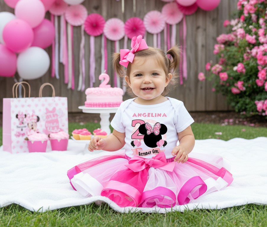 Minnie Mouse Ears Pink Bow Tutu Set Girls Personalized Custom Hot Pink White Pink Ribbon Tutu Outfit Dress Theme Cake Smash Birthday Party