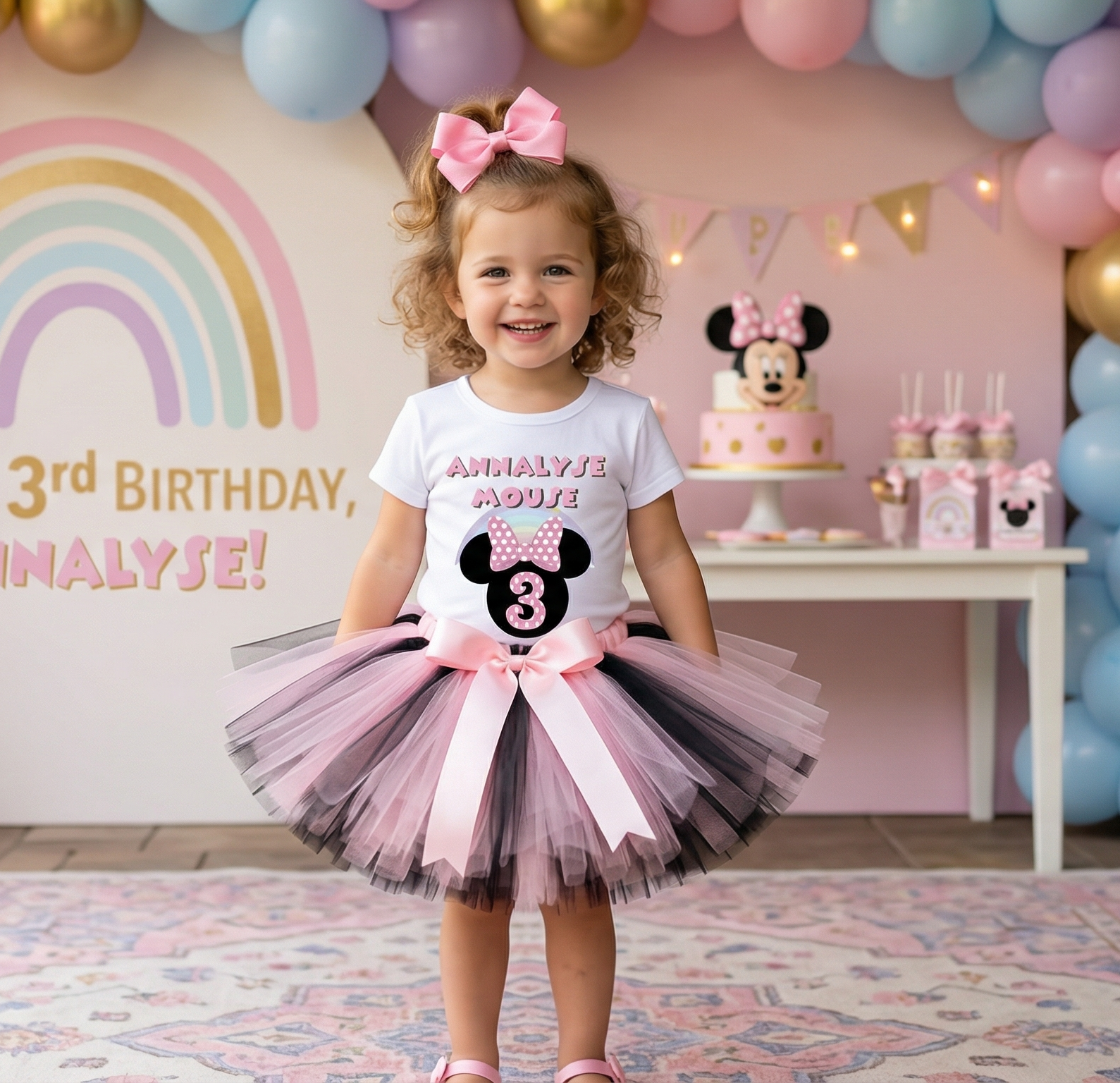 Minnie Mouse Pink Bow Tutu Set Girls Personalized Custom Black Pink Tutu Outfit Dress Theme Cake Smash Birthday Party