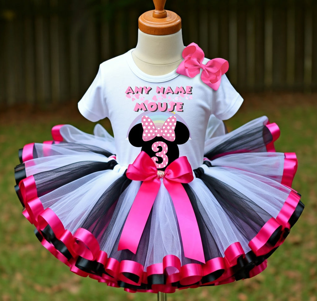 Minnie Mouse Pink Bow Tutu Set Girls Personalized Custom Black White Hot Pink Ribbon Sewn Trim Tutu Outfit Dress Theme Cake Smash Birthday Party