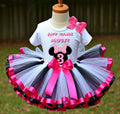 Minnie Mouse Pink Bow Tutu Set Girls Personalized Custom Black White Hot Pink Ribbon Sewn Trim Tutu Outfit Dress Theme Cake Smash Birthday Party