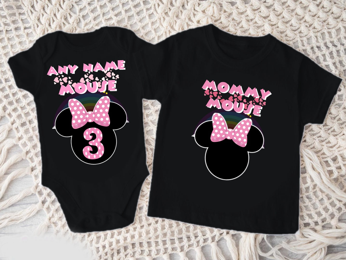 Minnie Mouse Pink Bow Personalized Custom Black Family T-Shirt or Onesie Pack Theme Cake Smash Birthday Party