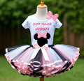 Minnie Mouse Pink Bow Tutu Set Girls Personalized Custom Black White Pink Ribbon Sewn Trim Tutu Outfit Dress Theme Cake Smash Party
