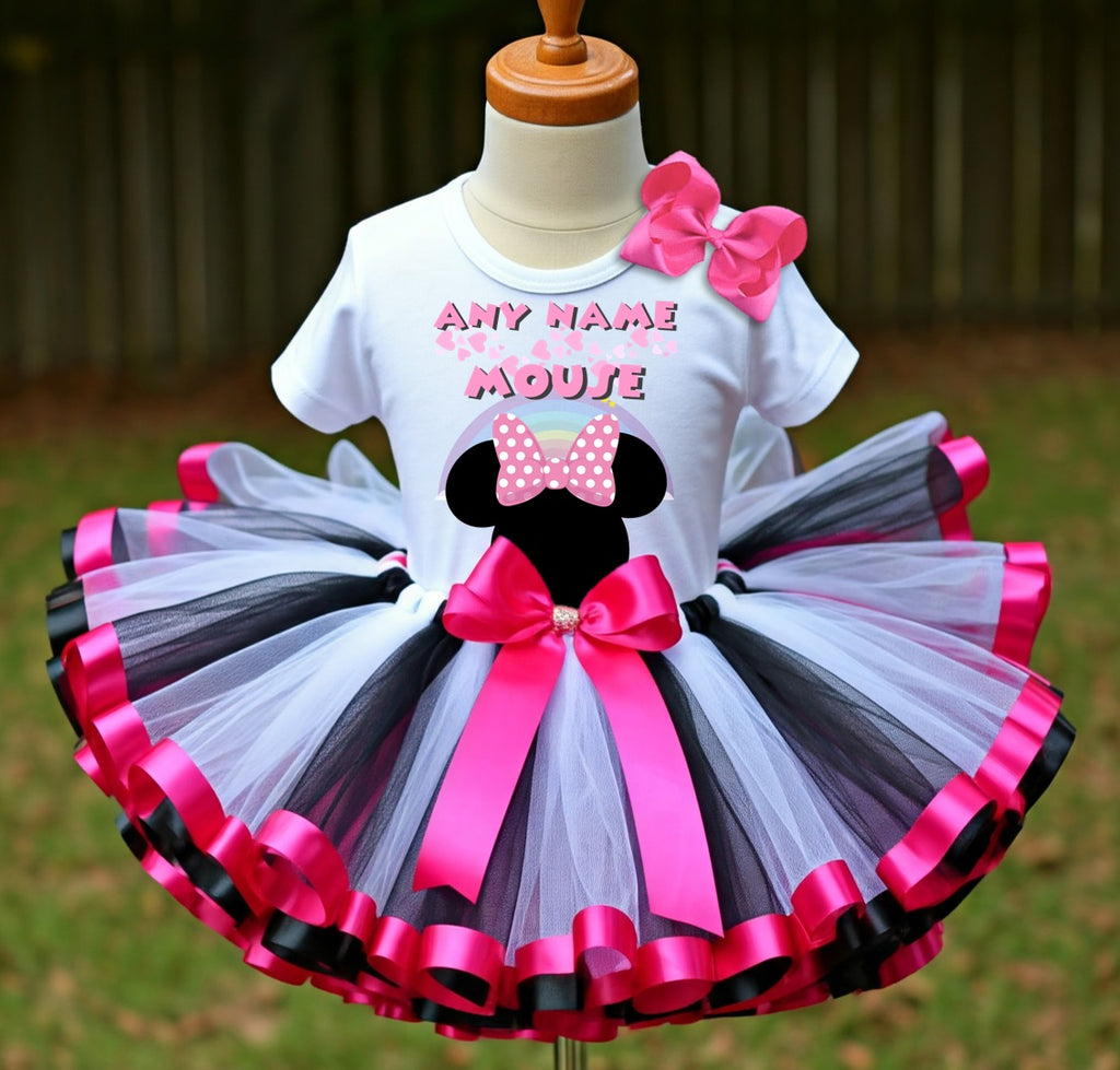 Minnie Mouse Pink Bow Tutu Set Girls Personalized Custom Black White Hot Pink Ribbon Sewn Trim Tutu Outfit Dress Theme Cake Smash Party