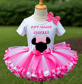 Minnie Mouse Pink Bow Tutu Set Girls Personalized Custom Hot Pink White Pink Ribbon Sewn Trim Tutu Outfit Dress Theme Cake Smash Party