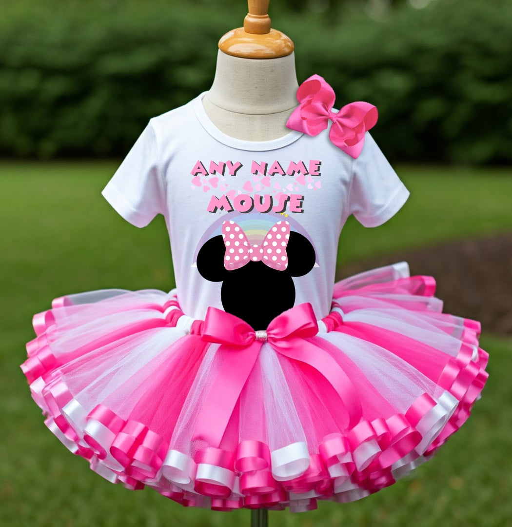 Minnie Mouse Pink Bow Tutu Set Girls Personalized Custom Hot Pink White Pink Ribbon Sewn Trim Tutu Outfit Dress Theme Cake Smash Party