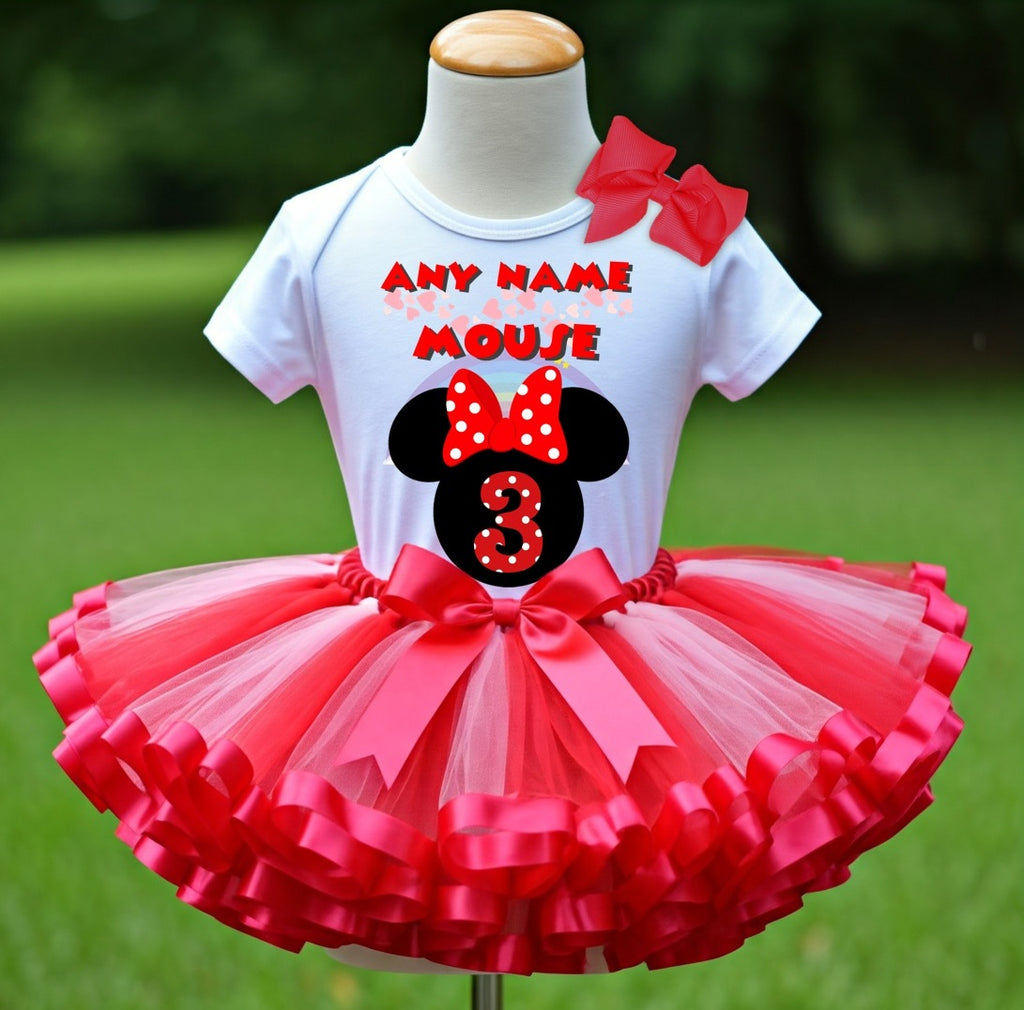 Minnie Mouse Red Bow Tutu Set Girls Personalized Custom Hot Pink Red Ribbon Sewn Trim Tutu Outfit Dress Theme Cake Smash Birthday Party