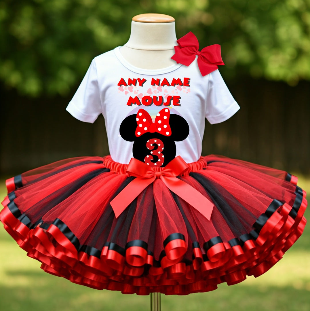 Minnie Mouse Red Bow Tutu Set Girls Personalized Custom Black Red Ribbon Sewn Trim Tutu Outfit Dress Theme Cake Smash Birthday Party