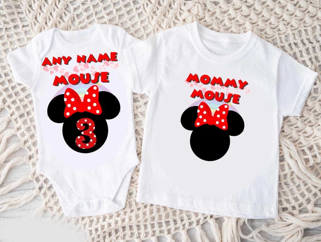 Minnie Mouse Red Bow Personalized Custom White Family T-Shirt or Onesie Pack Theme Cake Smash Birthday Party