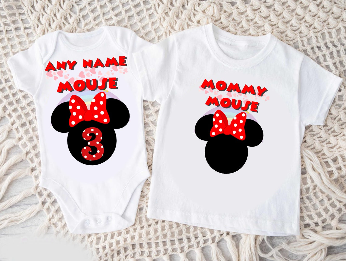 Minnie Mouse Red Bow Personalized Custom White Family T-Shirt or Onesie Pack Theme Cake Smash Birthday Party