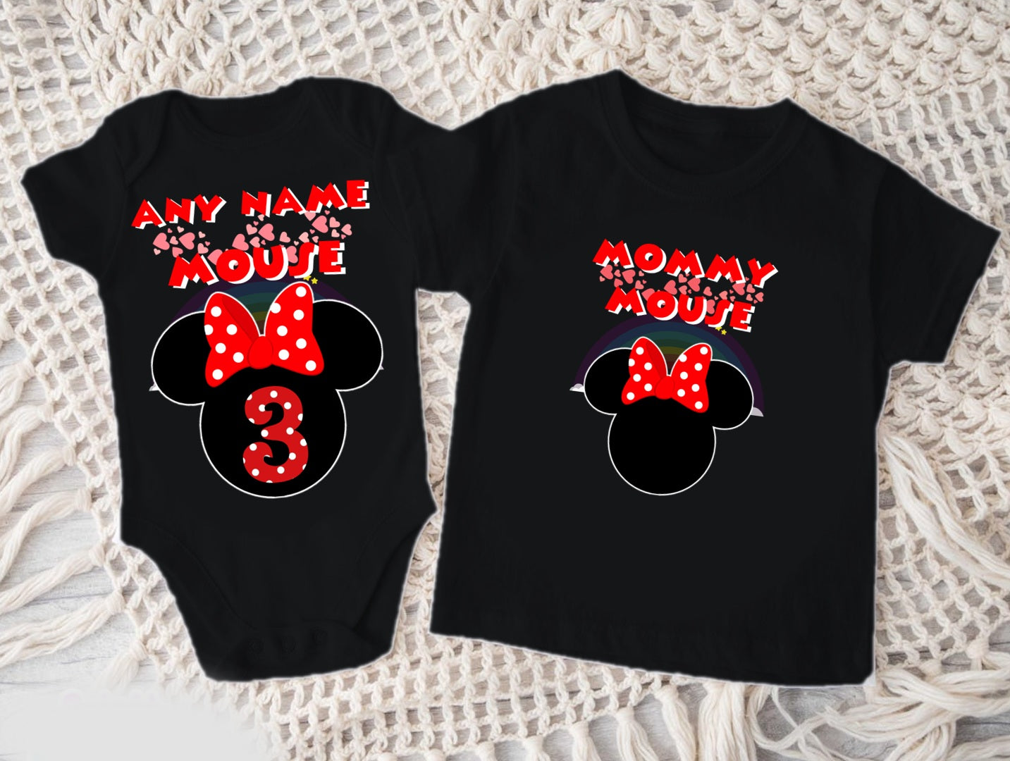Minnie Mouse Red Bow Personalized Custom Black Family T-Shirt or Onesie Pack Theme Cake Smash Birthday Party