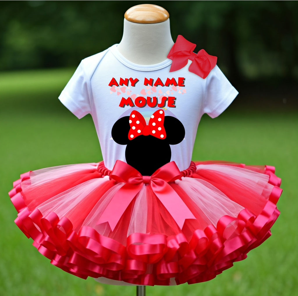 Minnie Mouse Red Bow Tutu Set Girls Personalized Custom Hot Pink Red Ribbon Sewn Trim Tutu Outfit Dress Theme Cake Smash Party
