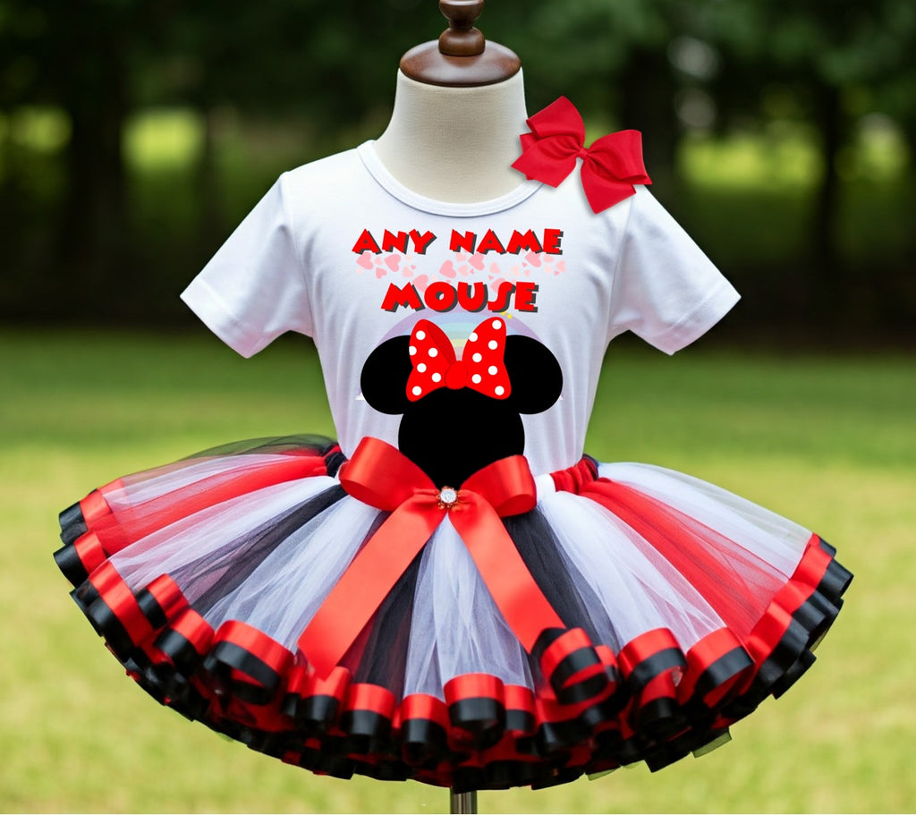Minnie Mouse Red Bow Tutu Set Girls Personalized Custom Black White Red Ribbon Sewn Trim Tutu Outfit Dress Theme Cake Smash Party