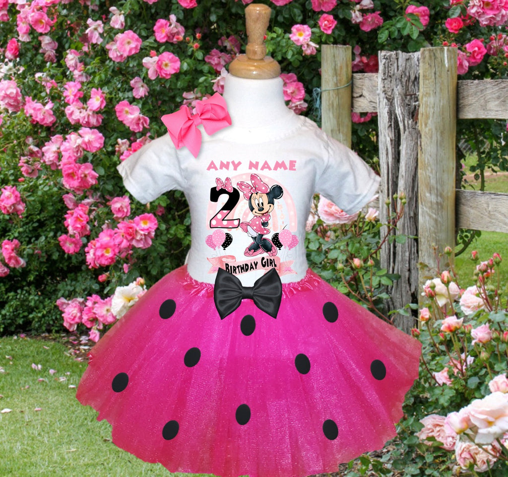 Minnie Mouse Tutu Set Girls Personalized Custom Hot Pink Black Polka Dots Tutu Outfit Dress Theme Cake Smash Birthday Party