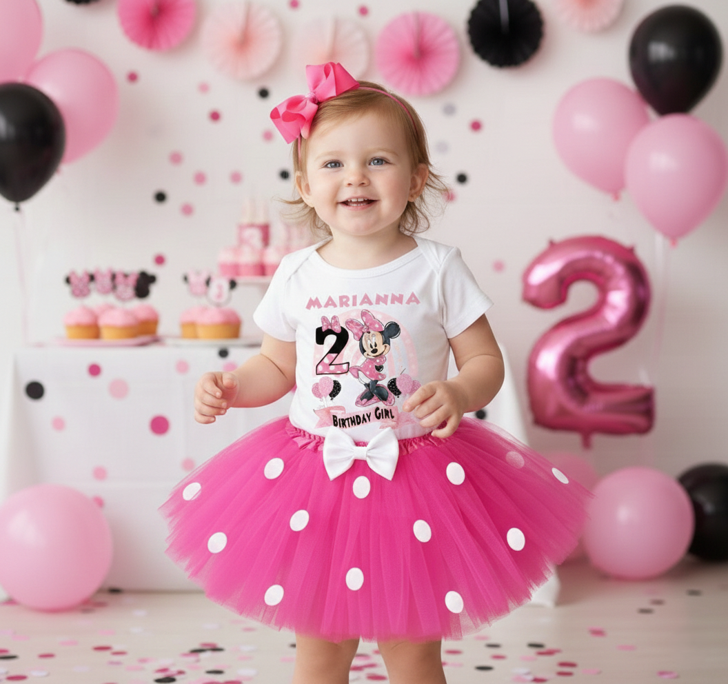 Minnie Mouse Tutu Set Girls Personalized Custom Hot Pink White Polka Dots Tutu Outfit Dress Theme Cake Smash Birthday Party