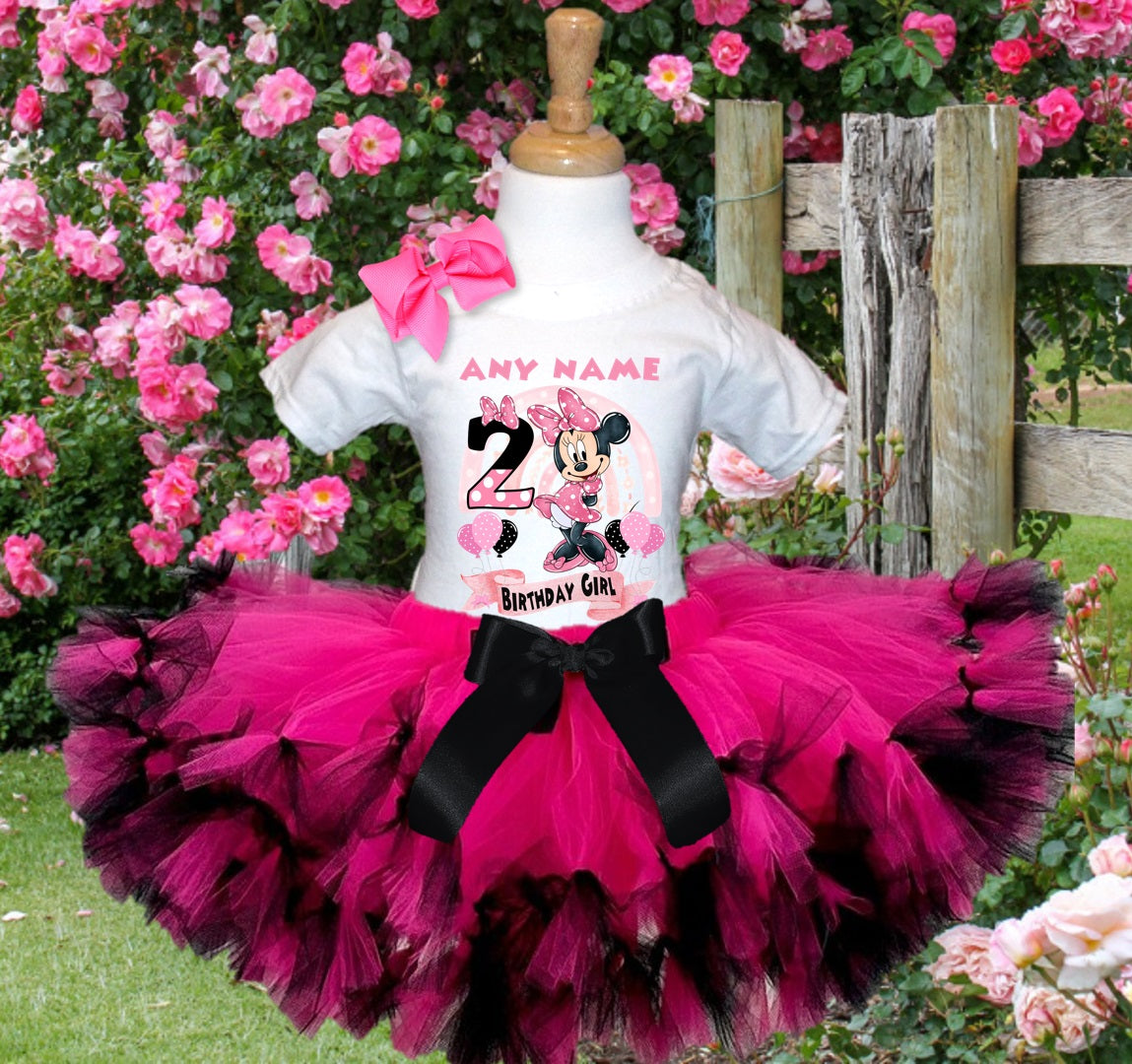 Minnie Mouse Tutu Set Girls Personalized Custom Hot Pink Black Knots Tutu Outfit Dress Theme Cake Smash Birthday Party