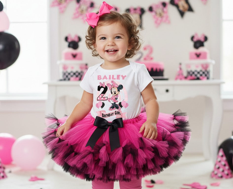 Minnie Mouse Tutu Set Girls Personalized Custom Hot Pink Black Knots Tutu Outfit Dress Theme Cake Smash Birthday Party