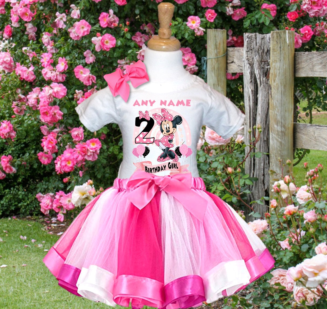 Minnie Mouse Tutu Set Girls Personalized Custom Hot Pink White Pink Ribbon Tutu Outfit Dress Theme Cake Smash Birthday Party