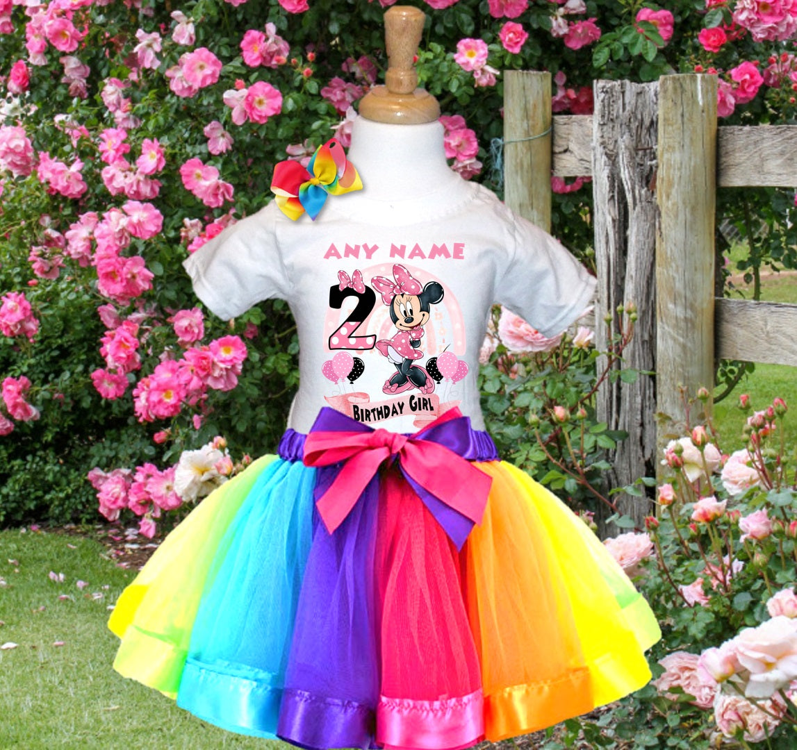 Minnie Mouse Tutu Set Girls Personalized Custom Rainbow Ribbon Tutu Outfit Dress Theme Cake Smash Birthday Party