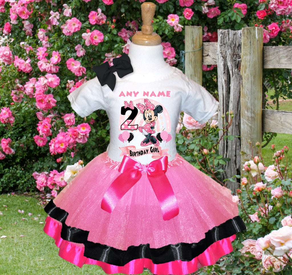 Minnie Mouse Tutu Set Girls Personalized Custom Pink Black Hot Pink Ribbon Trim Tutu Outfit Dress Theme Cake Smash Birthday Party