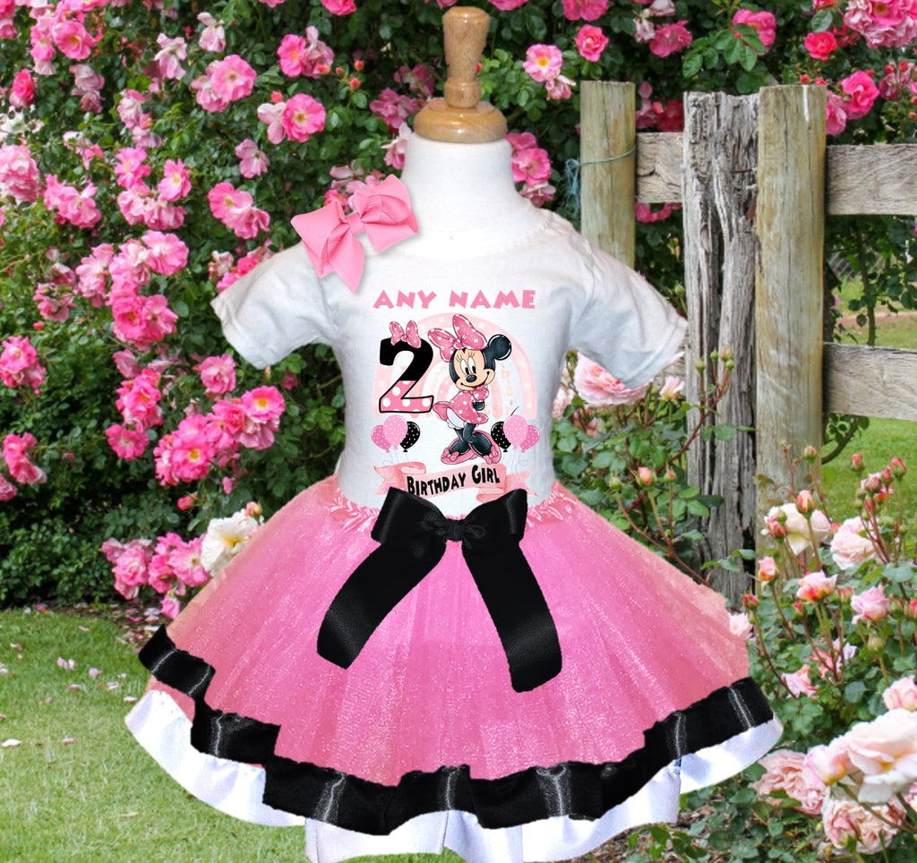 Minnie Mouse Tutu Set Girls Personalized Custom Pink Black White Ribbon Trim Tutu Outfit Dress Theme Cake Smash Birthday Party